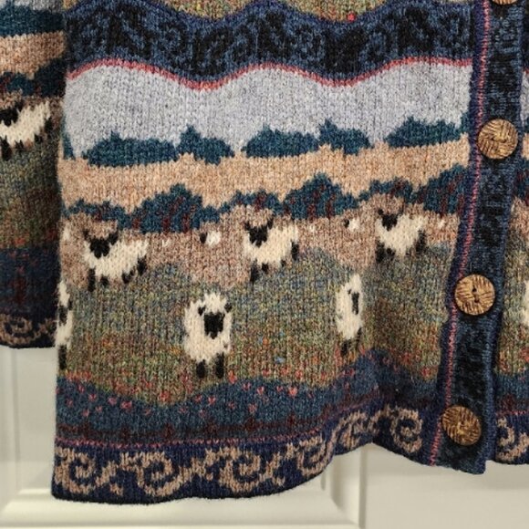 Icelandic Design Cardigan Sweater - Field with Trees & Sheep / Lambs - Small - Picture 7 of 11